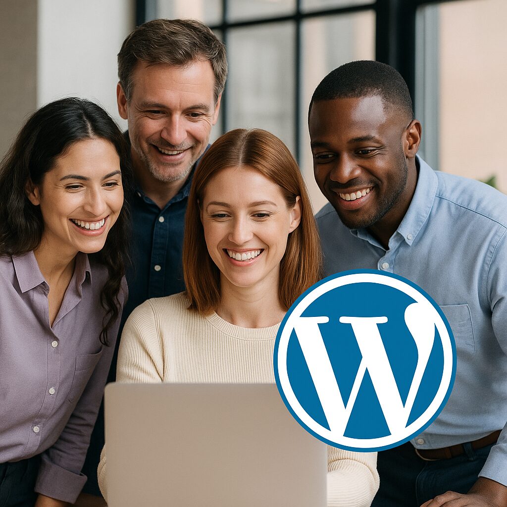Gruppe von Mitarbeitern schaut auf modernes Webdesign mit WordPress