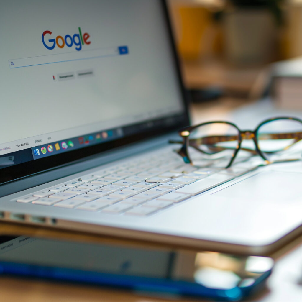 Notebook mit Google Logo auf dem Bildschirm, Google AI Mode 2025