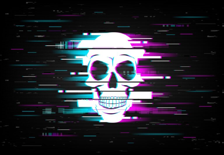 Störung auf dem Computerbildschirm mit lächelndem menschlichem Schädel. Künstliche Intelligenz, Computervirus und Gefahr eines Hackerangriffs – Hintergrund zu Bedrohungen der Online-Cybersicherheit mit Videosignal-Fehler-Effekt, Vektorgrafik