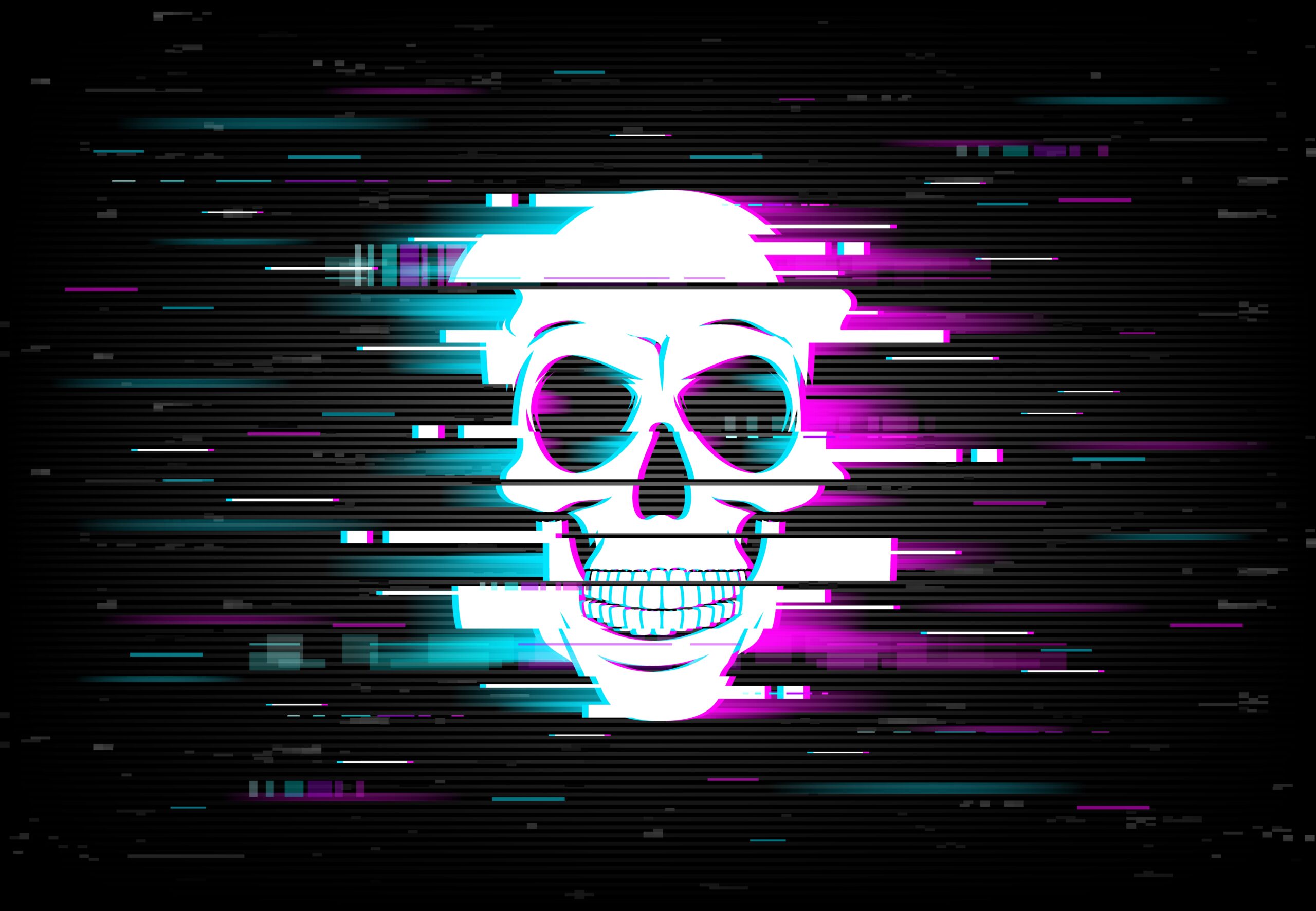 Störung auf dem Computerbildschirm mit lächelndem menschlichem Schädel. Künstliche Intelligenz, Computervirus und Gefahr eines Hackerangriffs – Hintergrund zu Bedrohungen der Online-Cybersicherheit mit Videosignal-Fehler-Effekt, Vektorgrafik
