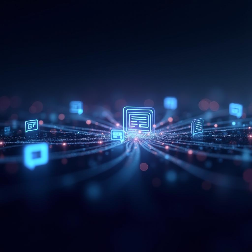 Digitale KI-Suchmaschine mit abstrakten Icons